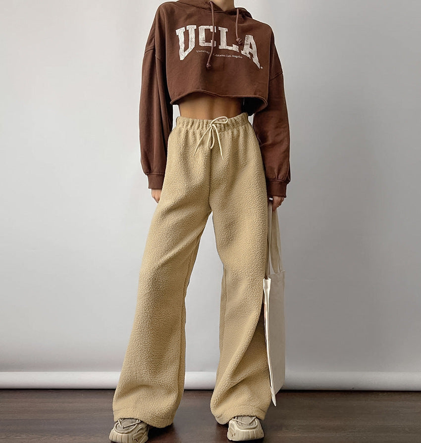 Autumn Winter Warm Thick Polar Fleece Casual Trousers Lace up Loose Mid Waist Wide Leg Pants for Women