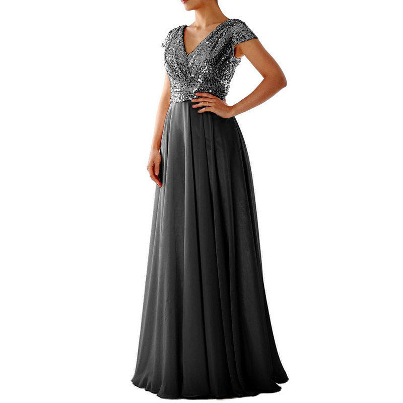 Summer Dress V neck Sequ Chiffon Stitching Evening Maxi Dress