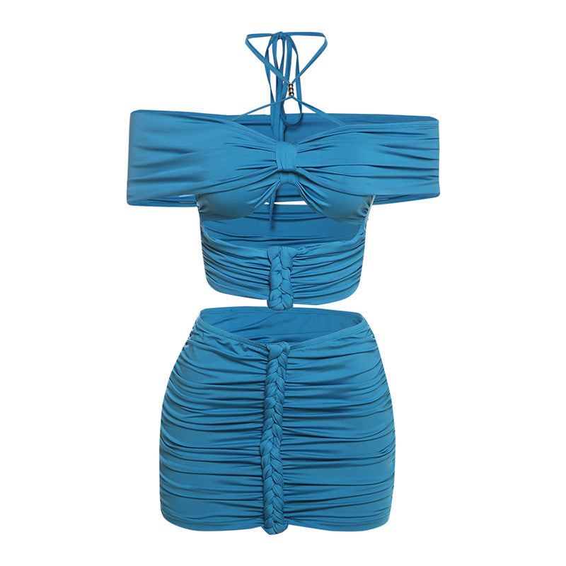 Women Clothing Summer Sexy Halter Beaded Camisole Slim Pleated Skirt Three Piece Set for Women