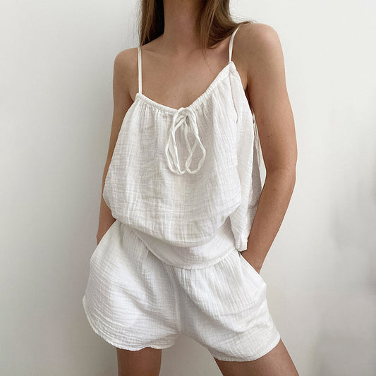Fall Sexy Halterneck Vest Pajamas Sleeveless Double Layer Yarn Shorts Two Piece Sets Ladies Homewear