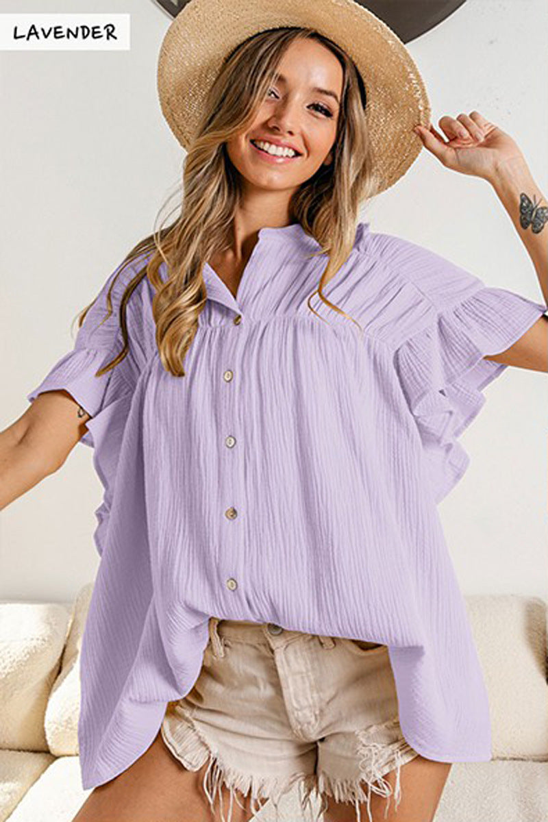Summer Women Clothing Stand Collar Wooden Ear Sleeve Pleated Top