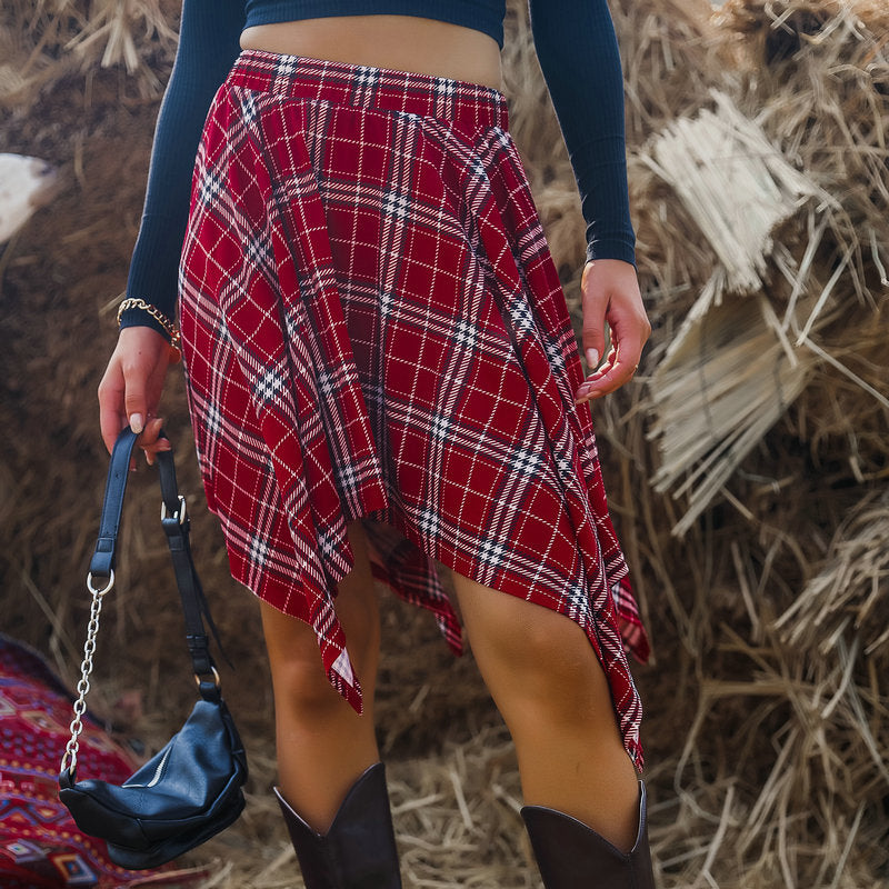 Irregular Asymmetric Hem Black Red Grid Women Fashionable Hip Hop Skirt Punk Skirt