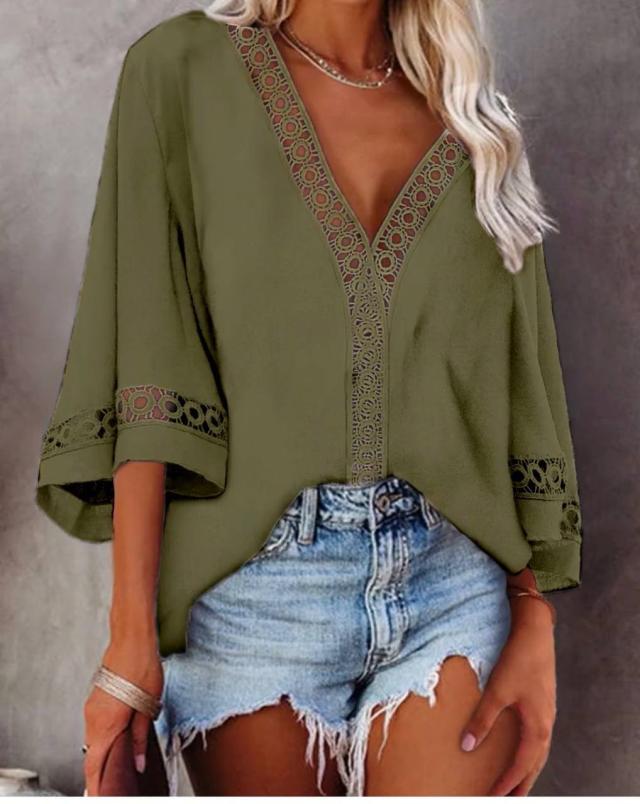 Summer V neck Hollow Out Cutout Lace Shirt