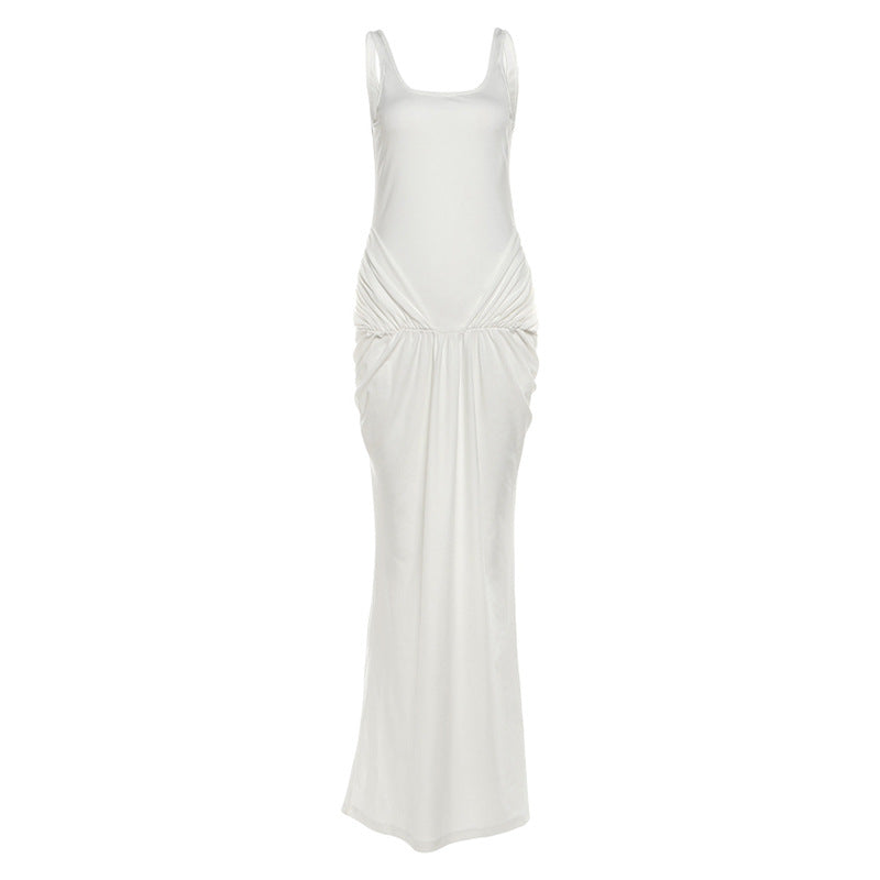 Fall Women Clothing Solid Color U Neck Slim Fit Sexy Backless Pleated Cami Dress Maxi Dress