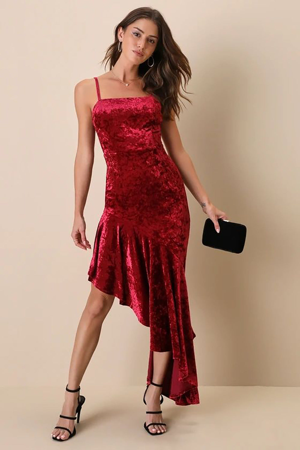 Pleuche Spaghetti Strap Dress Sexy Patchwork Ruffled Sheath Fishtail Dress