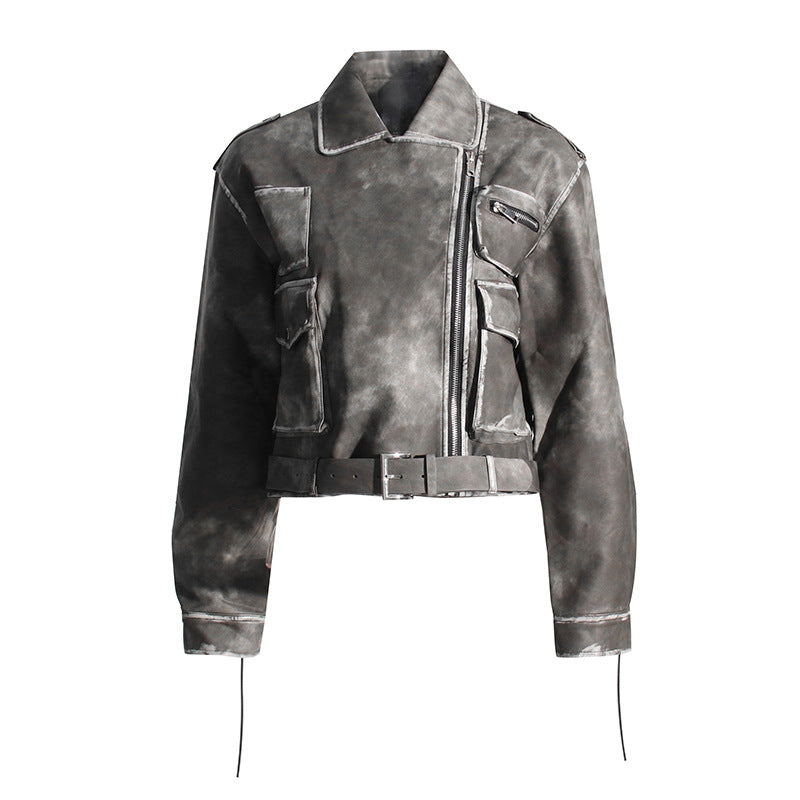 Niche Design Women Short Distressed Washed Leather Coat Asymmetric Zipper Tooling Coat for Women
