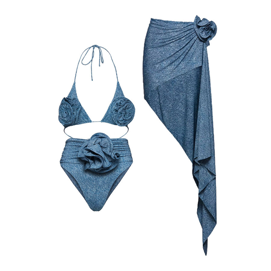 Popular Floral Decoration One Shoulder Hollow Out Cutout Soft Denim One Piece Swimsuit Women