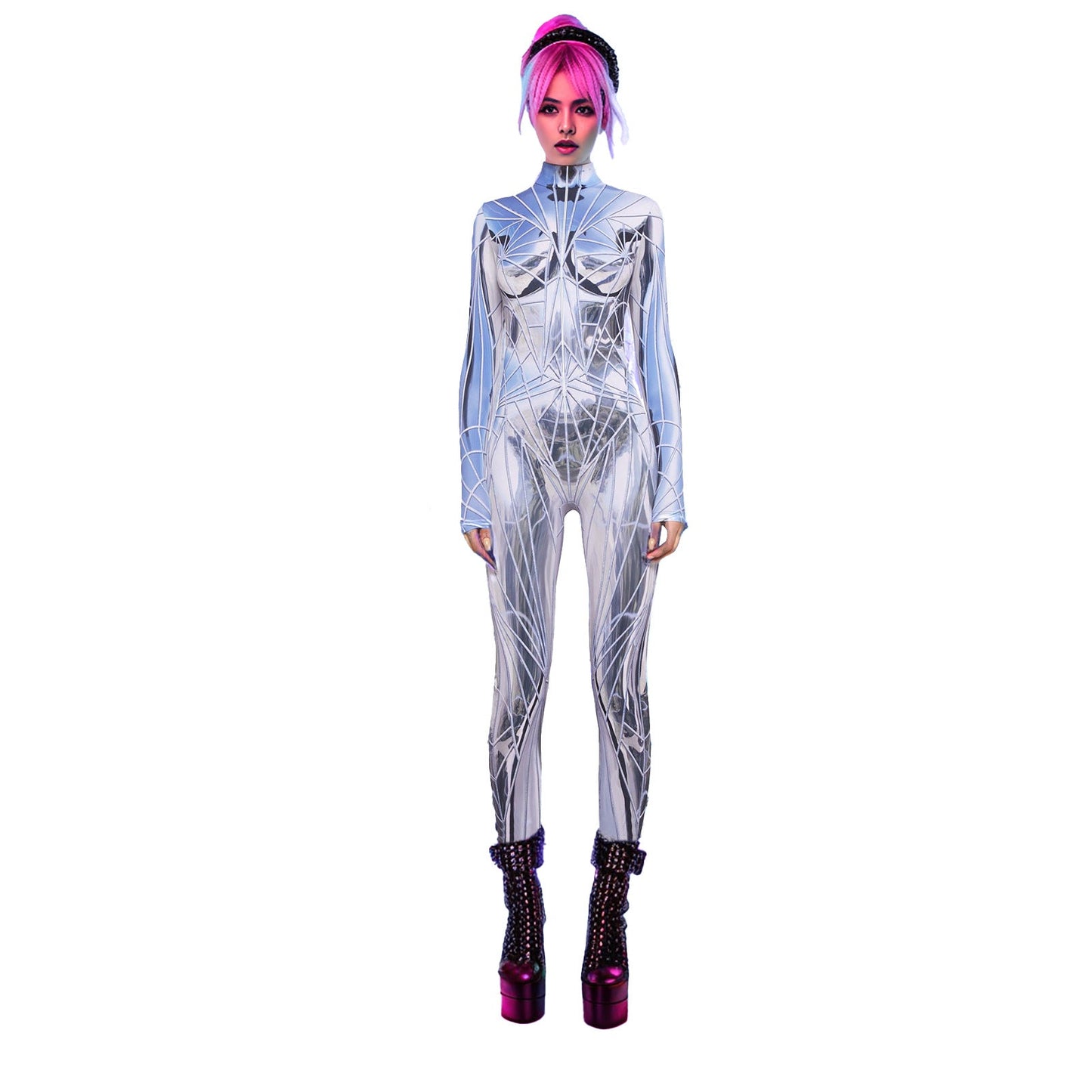 Women Clothing Y2g Printing Finger Fit Design Zipper Stretch Slim Fit Bodysuit