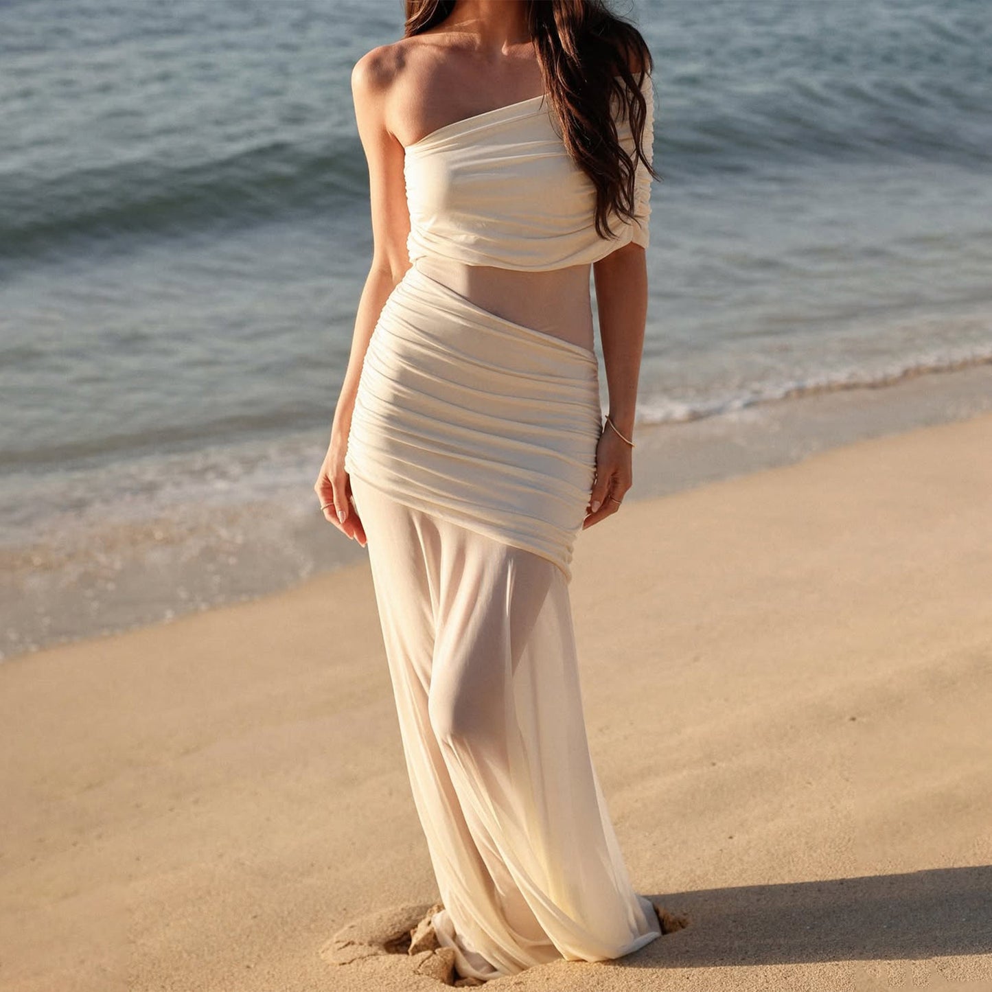 Spring Diagonal Collar Cold Shoulder Elegant Sexy Mesh Stitching Slim Dress