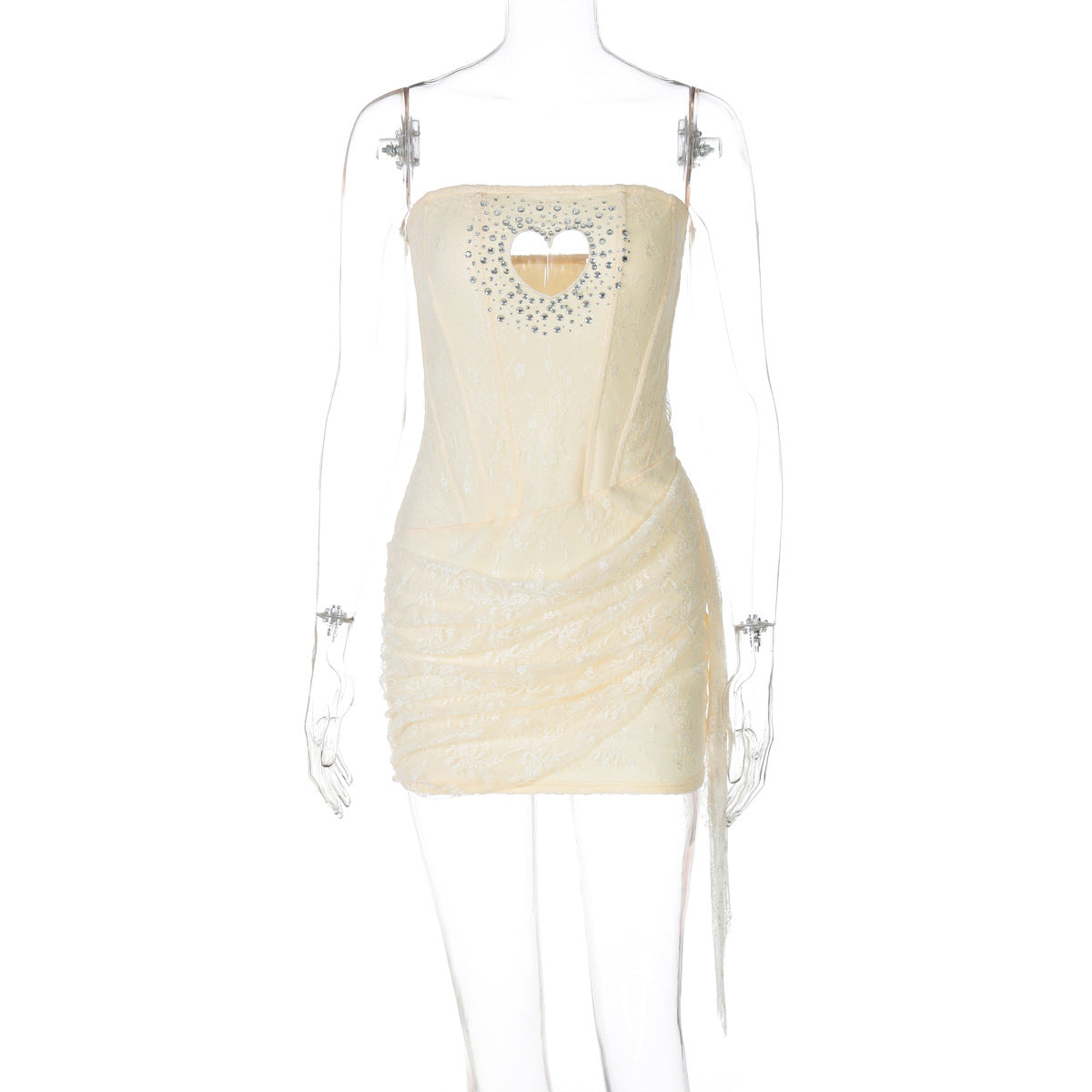 Women Clothing Rhinestone Hollow Out Cutout out Love Sexy Tube Top Stitching Lace Sheath Dress