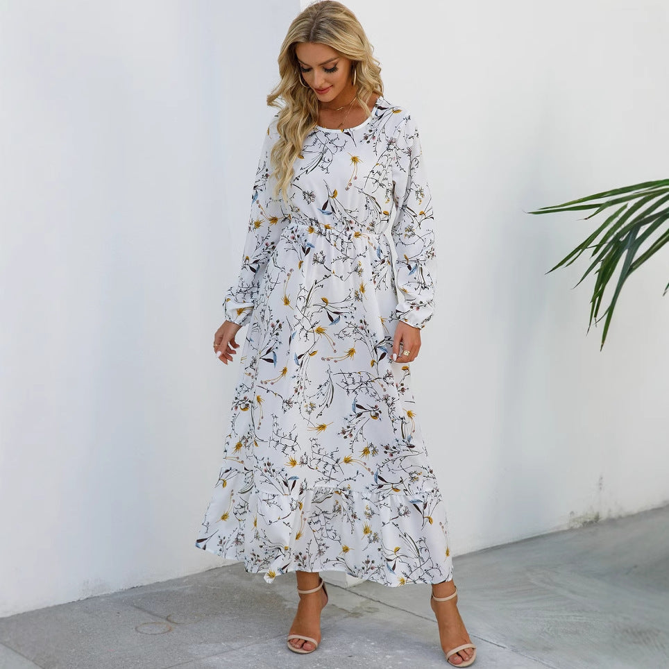 Spring and Autumn floral chiffon dress waist thin long sleeve round neck long printed skirt children