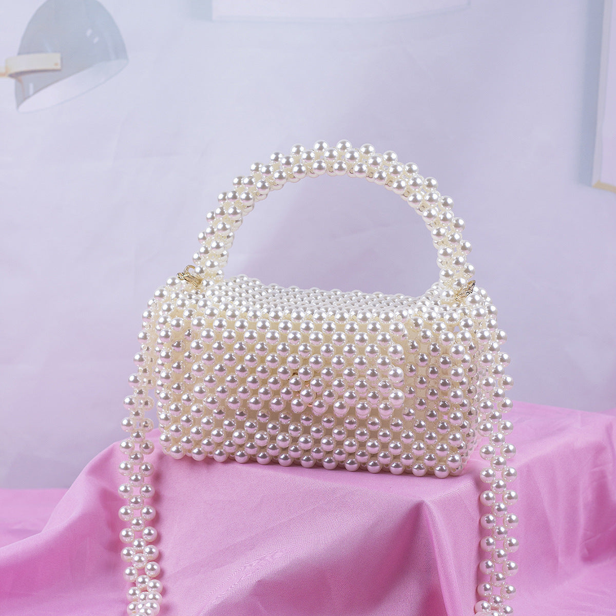 Summer Large Imitation Pearl Pillow Portable Crossbody Shoulder Bag Handmade Beaded Weave Casual Trend