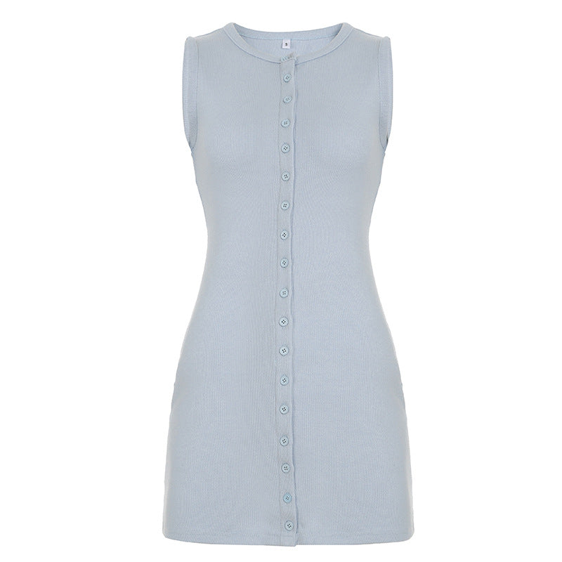 Women Clothing Solid Color Single Breasted Knitted Cardigan Vest Dress Simple Office Short Summer