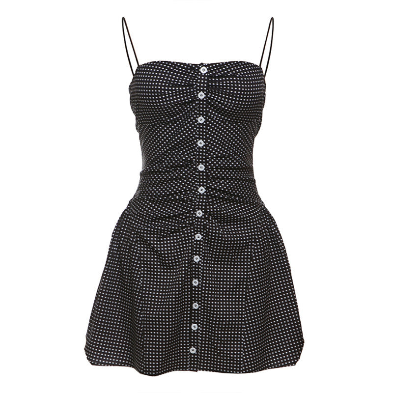 Spring Summer Women Clothing French Dot Sexy Button Slim Pleated Backless Sling Dress Women