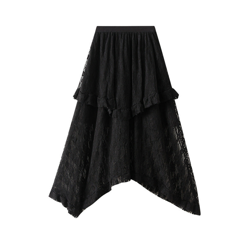 Lace Skirt Women Summer High Waist Drooping Mid Length Irregular Asymmetric Mesh Fairy Skirt