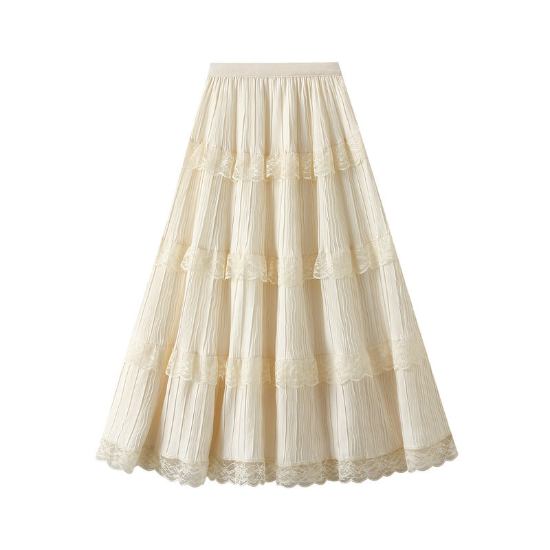 Lace Mesh Patchwork Skirt Women Spring Super Fairy A line Slimming Mid Length Tiered Ruffle Dress