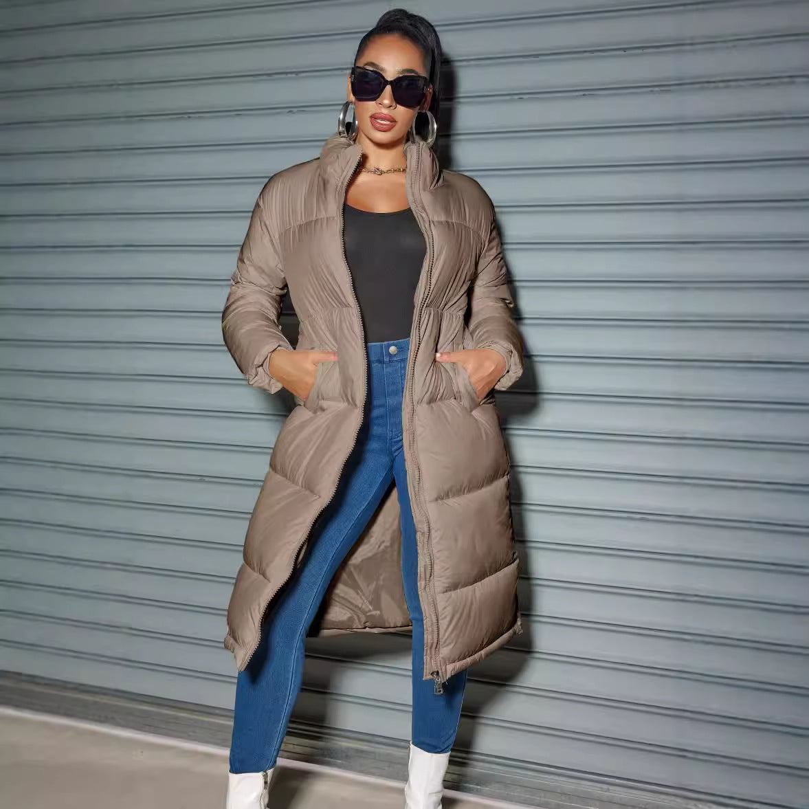 Winter Women Long Cotton Jacket Women Zipper Cotton Coat with Solid Color Warm Jacket