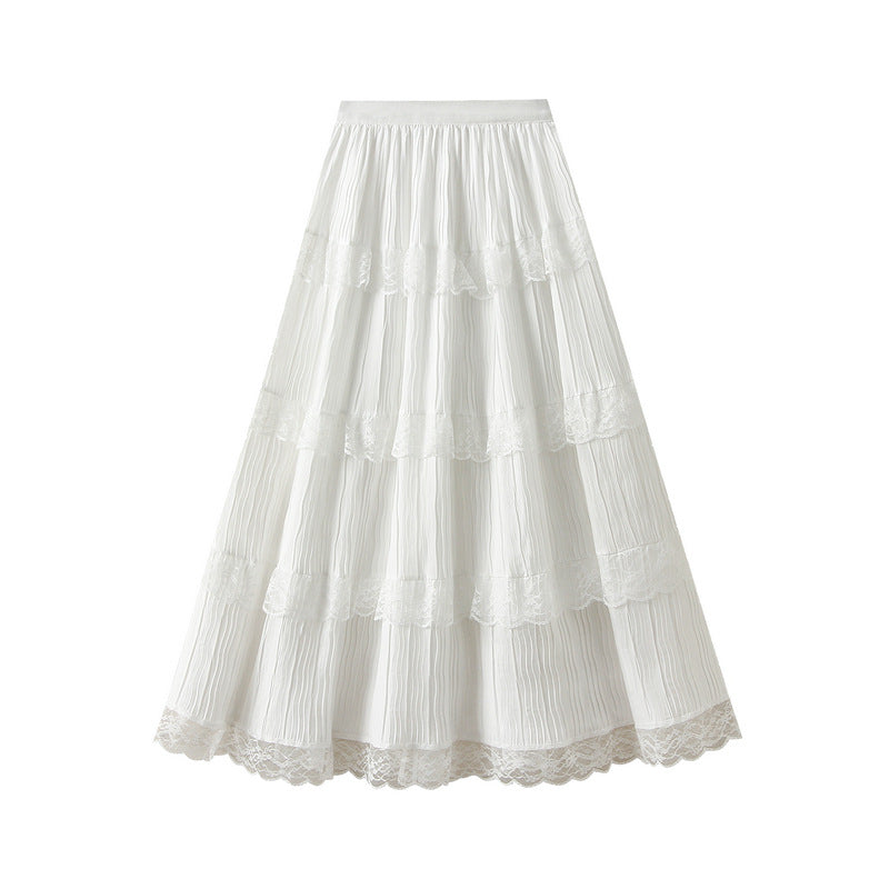 Lace Mesh Patchwork Skirt Women Spring Super Fairy A line Slimming Mid Length Tiered Ruffle Dress