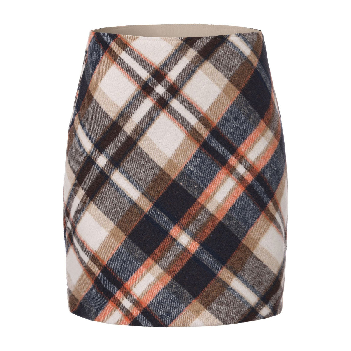 Women Clothing Autumn Winter Woolen Skirt Plaid High Waist Elastic Solid Color Zipper Skirt