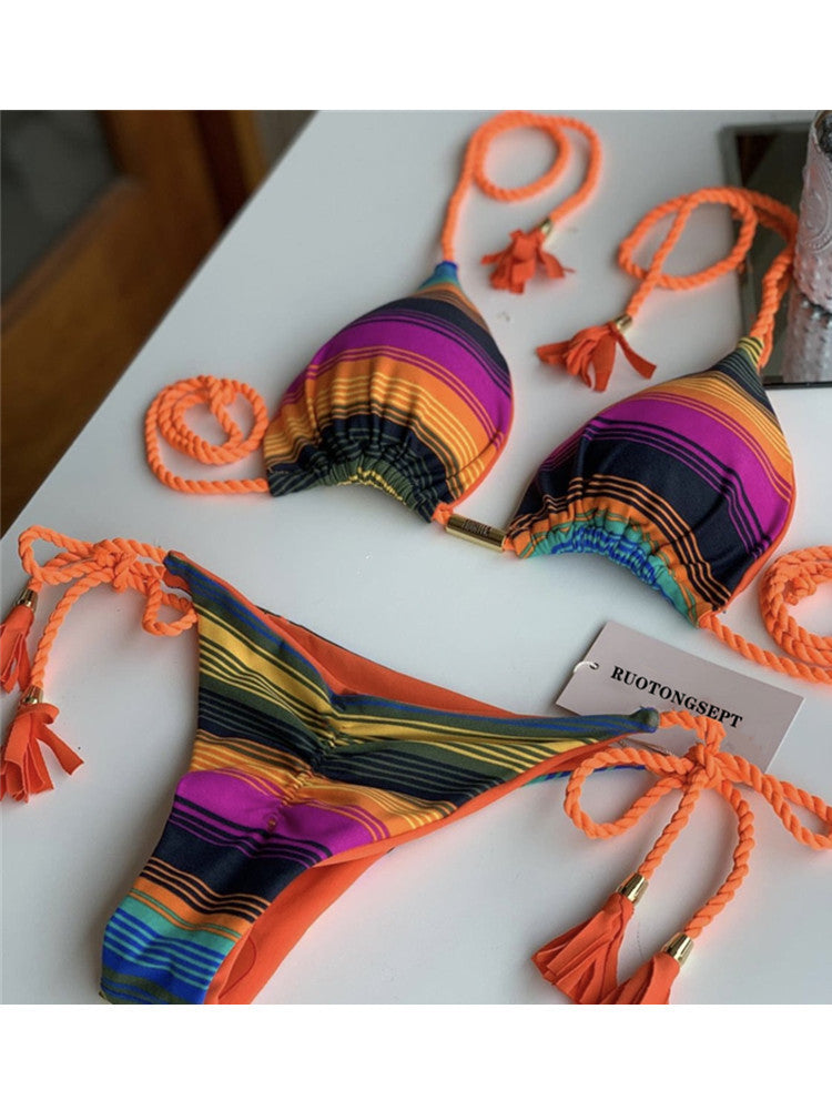 Bikini Soft Bag Low Waist Braid Rope Printed Women Seperated Swimwear Multi Color Swimsuit