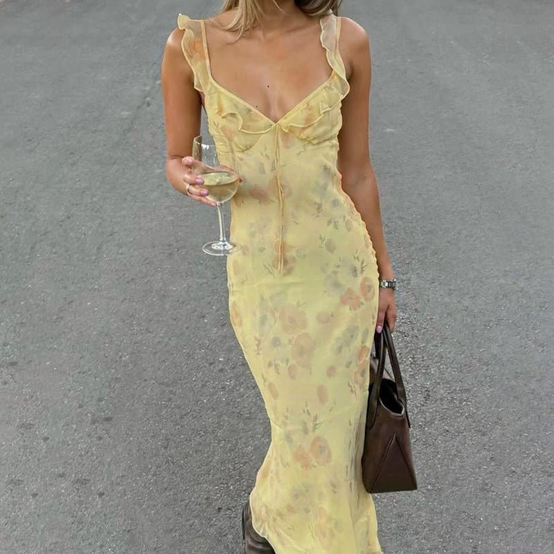 French Holiday Floral Strap Dress Ruffled Gentle Sexy Flying Sleeve Maxi Dress for Women