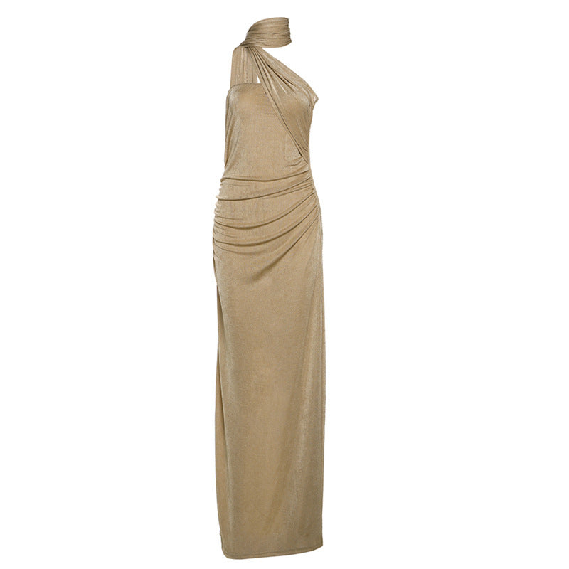Winter Sexy Slim Fit Backless Tube Top Ribbon Halter Pleated Solid Color Maxi Dress Evening Dress