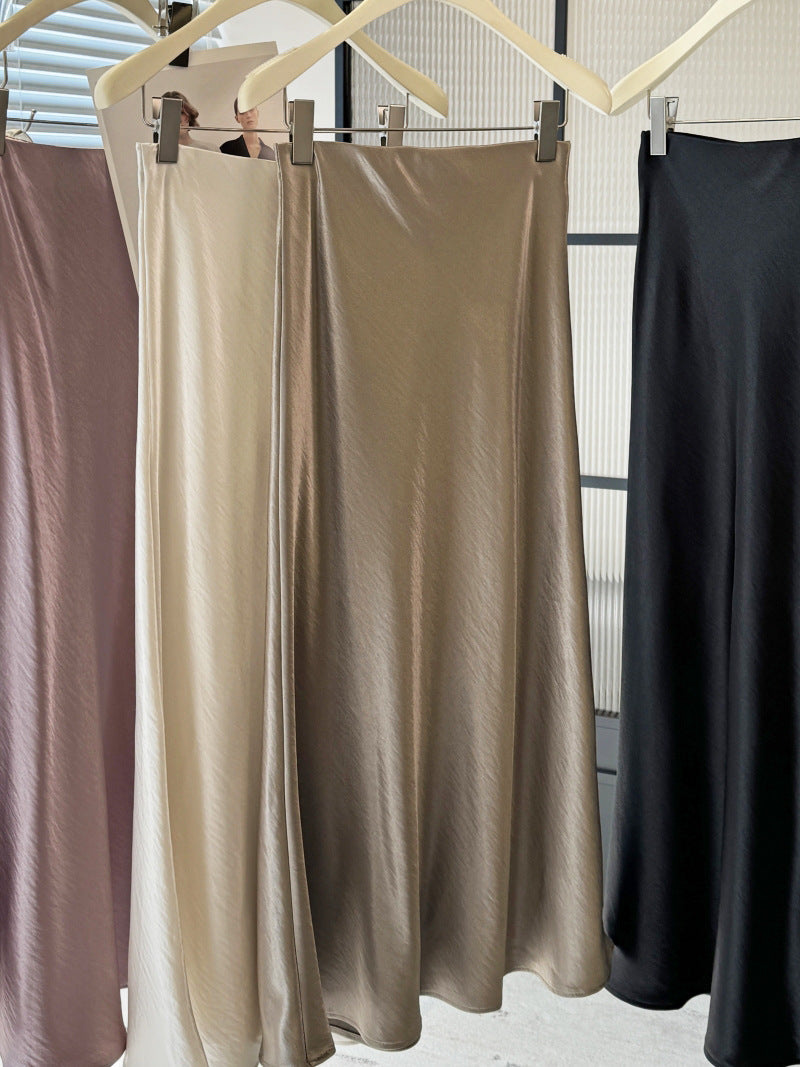 Acetate Satin Fishtail Skirt Women Simple Graceful Drooping Slimming Sheath A line Mid Length Skirt
