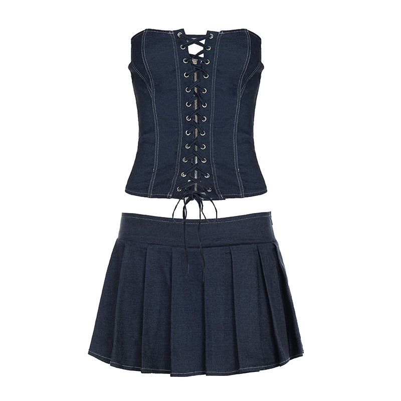 Self Built Solid Color Sexy Lace up Tube Top Sexy Pleated Skirt Imitation Denim Two Piece Sets