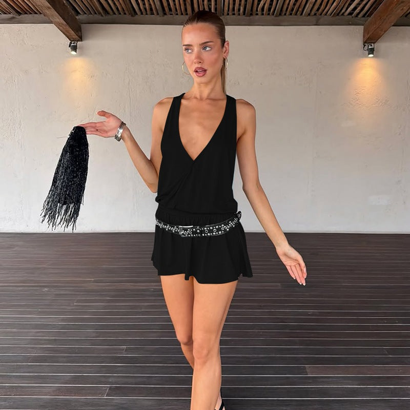 Women Clothing Sexy Deep V Plunge neck Sleeveless Vest Faux Two Piece Waist Slimming Dress