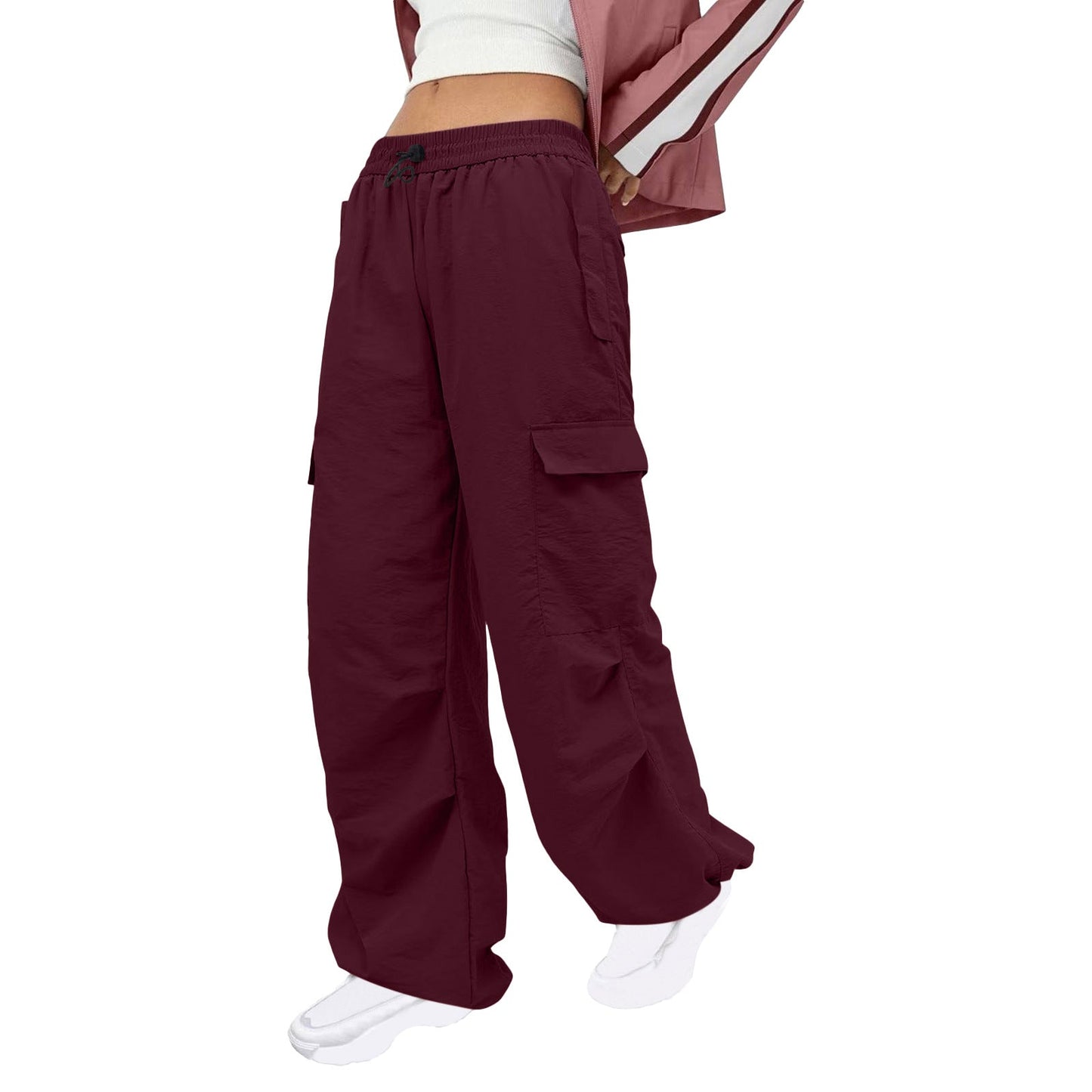 Women Clothing Solid Color Nylon Multi Pocket Loose Cargo Pants