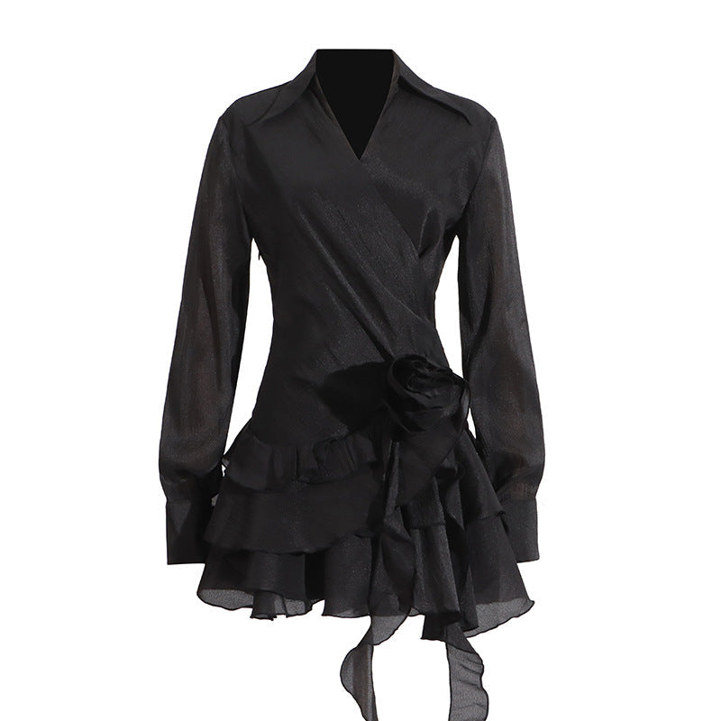 Sexy Lightly Mature Shirt Dress Summer V neck Stitching Floral Ruffled Ribbon Dress