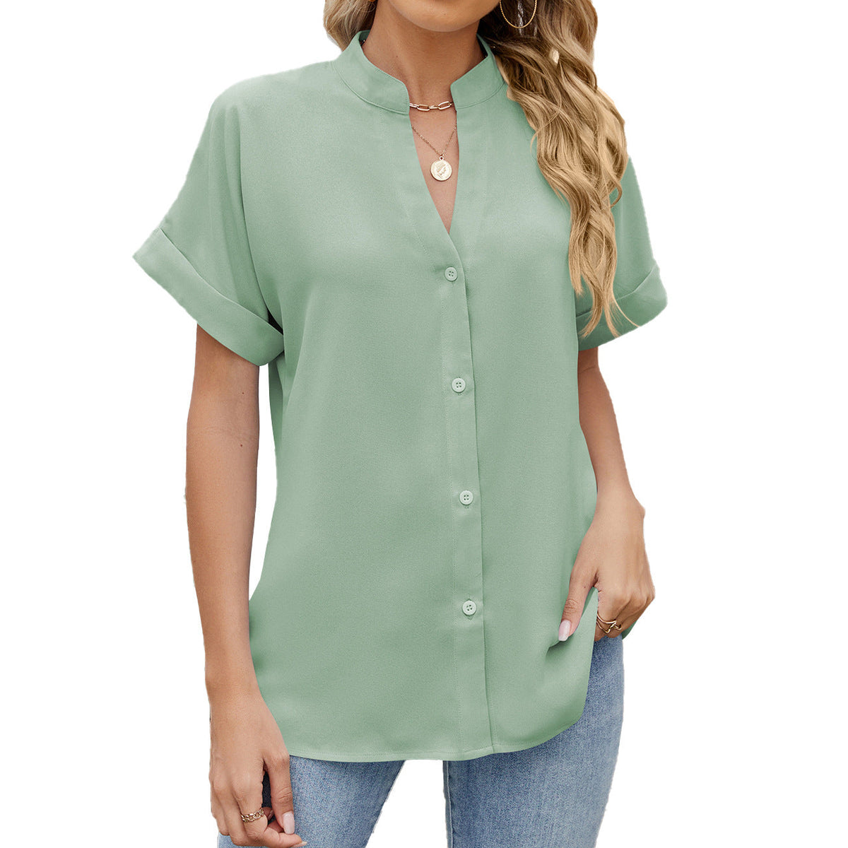 Spring Summer Solid Color V neck Loose Short Sleeve Button Shirt Chiffon Shirt