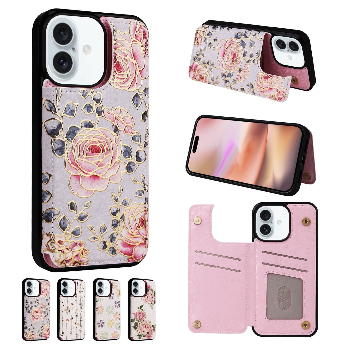 Phone Case Applicable to Apple 16 painted double buckle four-insert card wallet case 16pro max all-inclusive anti-drop case protective cover