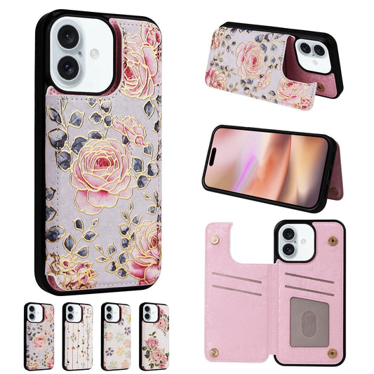 Card Holder Applicable to Apple 16 painted double buckle four-insert card wallet case 16pro max all-inclusive anti-drop case protective cover
