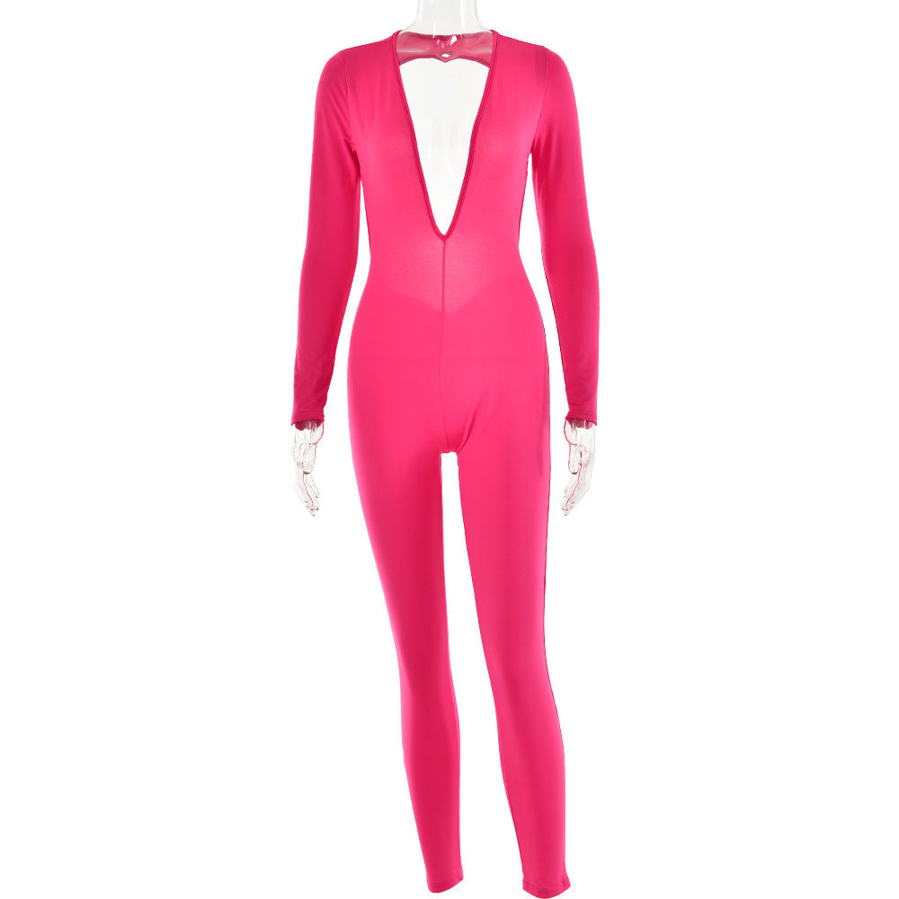 Autumn Deep V Plunge neck Long Sleeved Leggings Women Sexy Backless Tight Jumpsuit