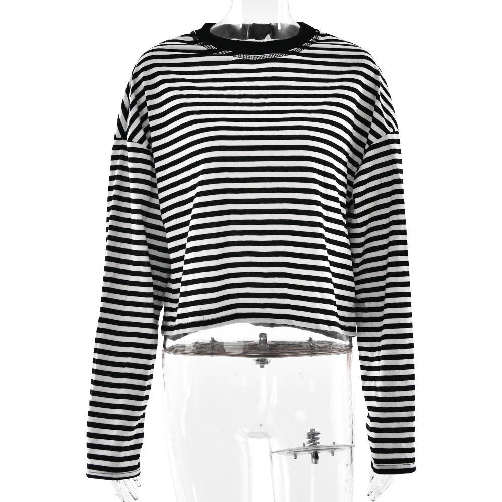 Arrival Long Sleeved Striped T shirt Casual Contrast Color Slim round Neck Top