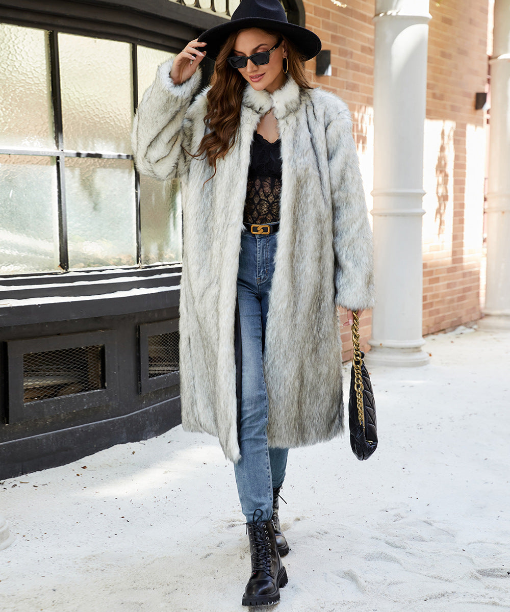 Stand Collar Women Faux Fur Coat Top Faux Fur Long Cut Coat Trench Coat