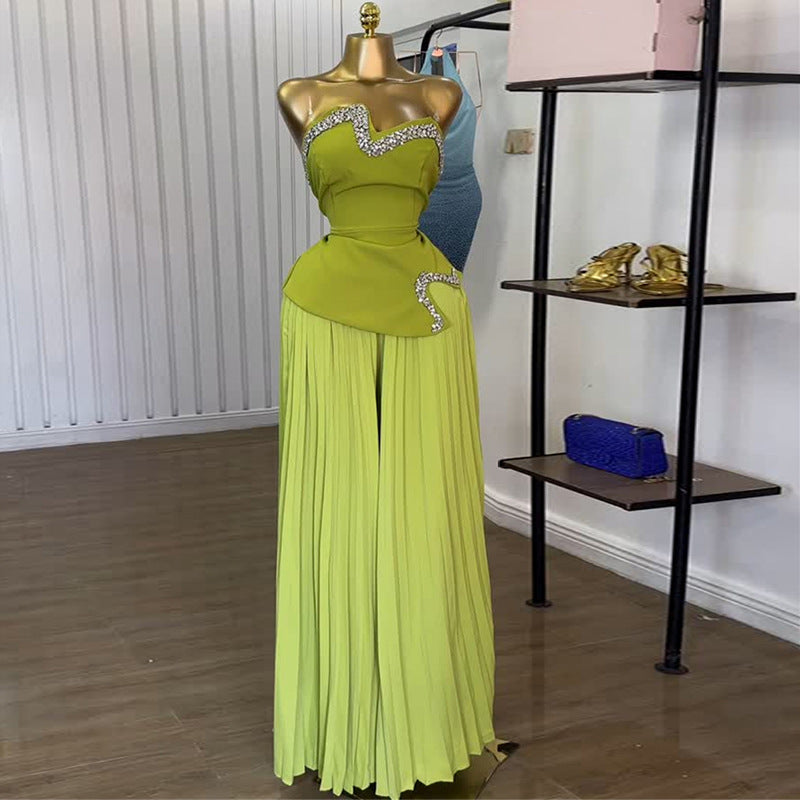 Women Summer Heavy Industry Tube Top with Diamond Irregular Asymmetric Top Pleated Wide Leg Trousers Set