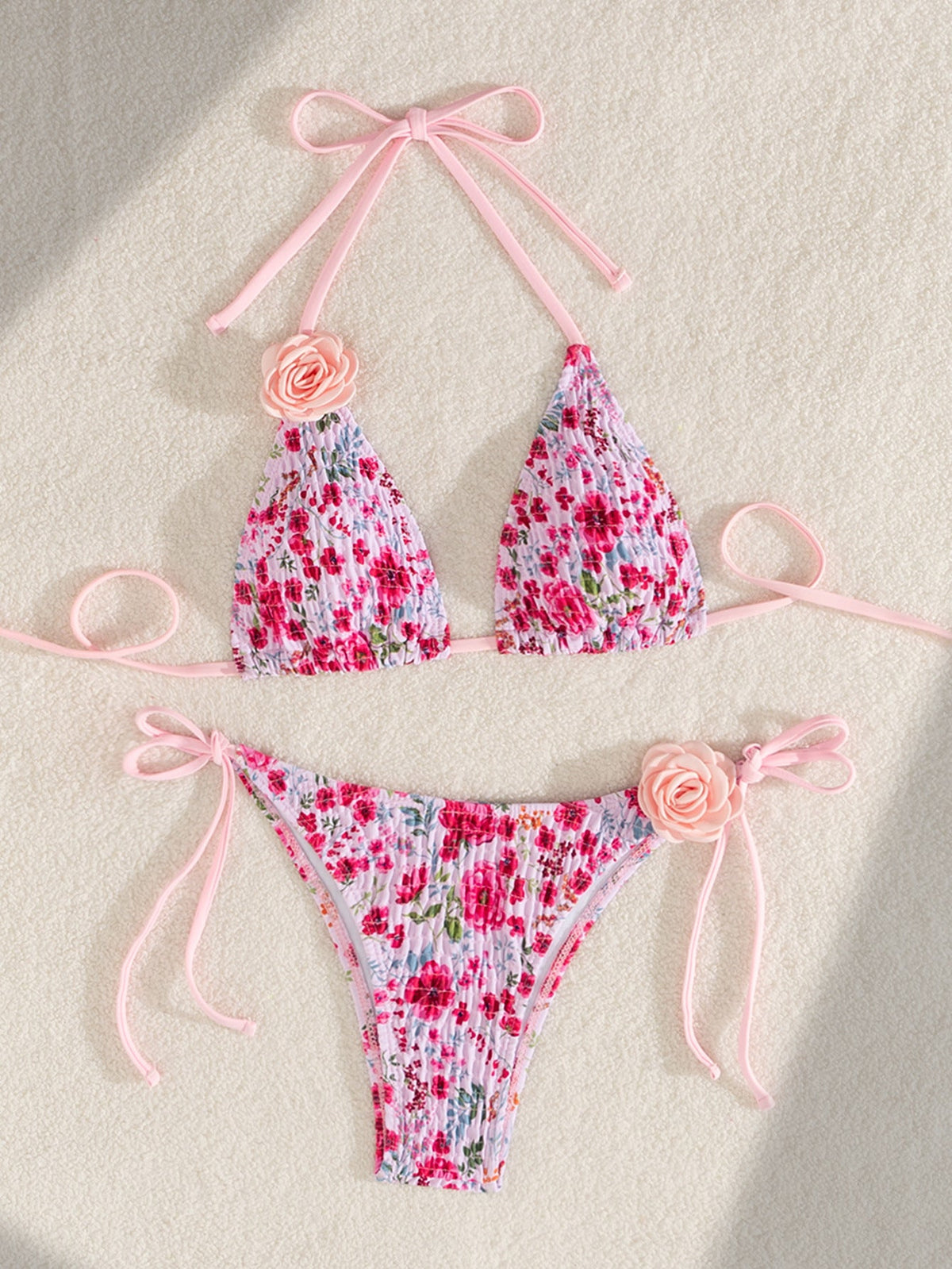 Split Swimsuit Printed Women Three Dimensional Ornamental Floral Bikini