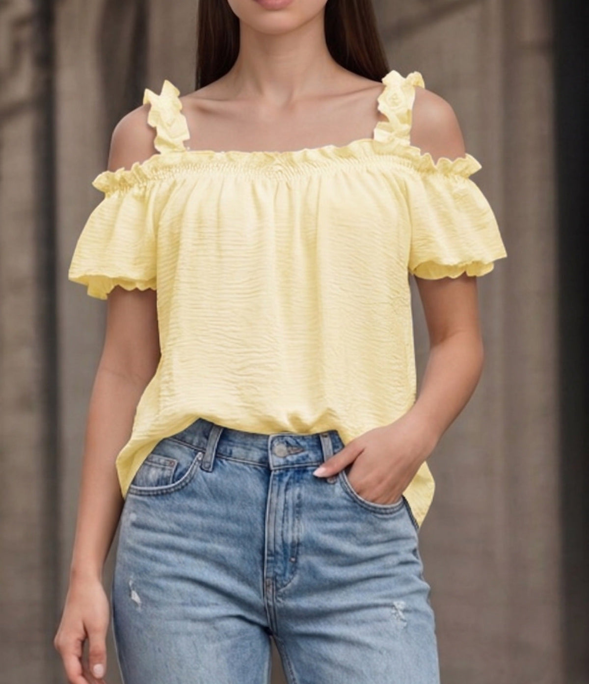 All Match Solid Color V neck Ruffled off the Shoulder Casual Sling Top