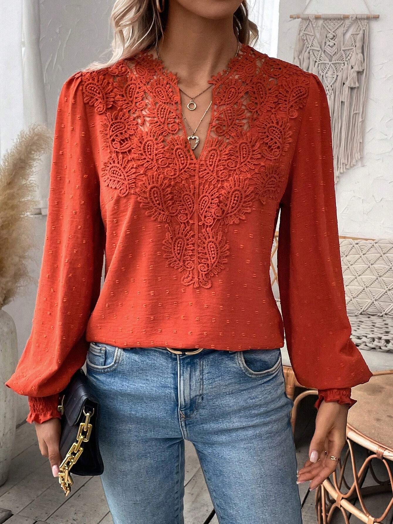 Autumn Winter V neck Lace Solid Color Long Sleeve Casual T Women Top