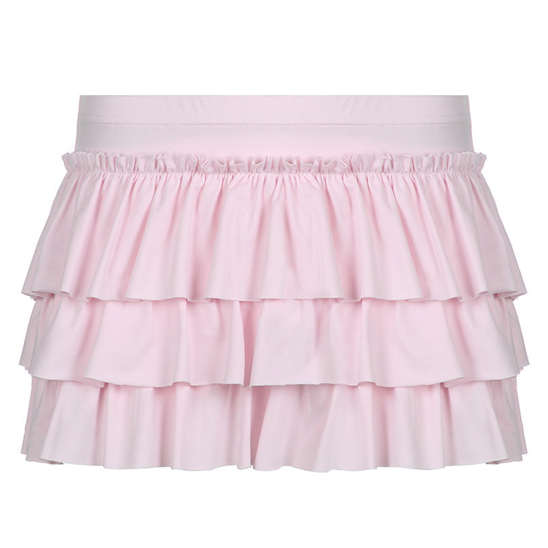 Sweet Girl Back Bow Stitching Solid Color Mini Tiered Dress Autumn Winter Low Waist Short Skirt