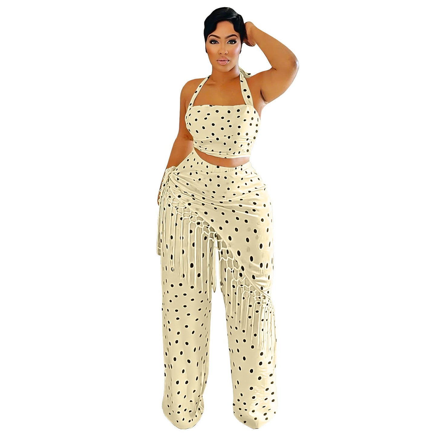 Women Wear Casual Thin Tassel Polka Dot Wide Leg Pants Set