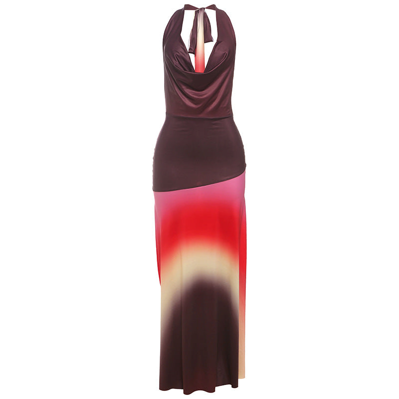 Women Clothing Spring Summer Color Contrast Printed Sexy Pile Collar Backless Dress Women
