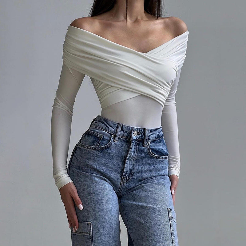 Arrival Sexy V neck off Shoulder Stitching Long Sleeve Solid Color Slim Fit All Match Jumpsuit