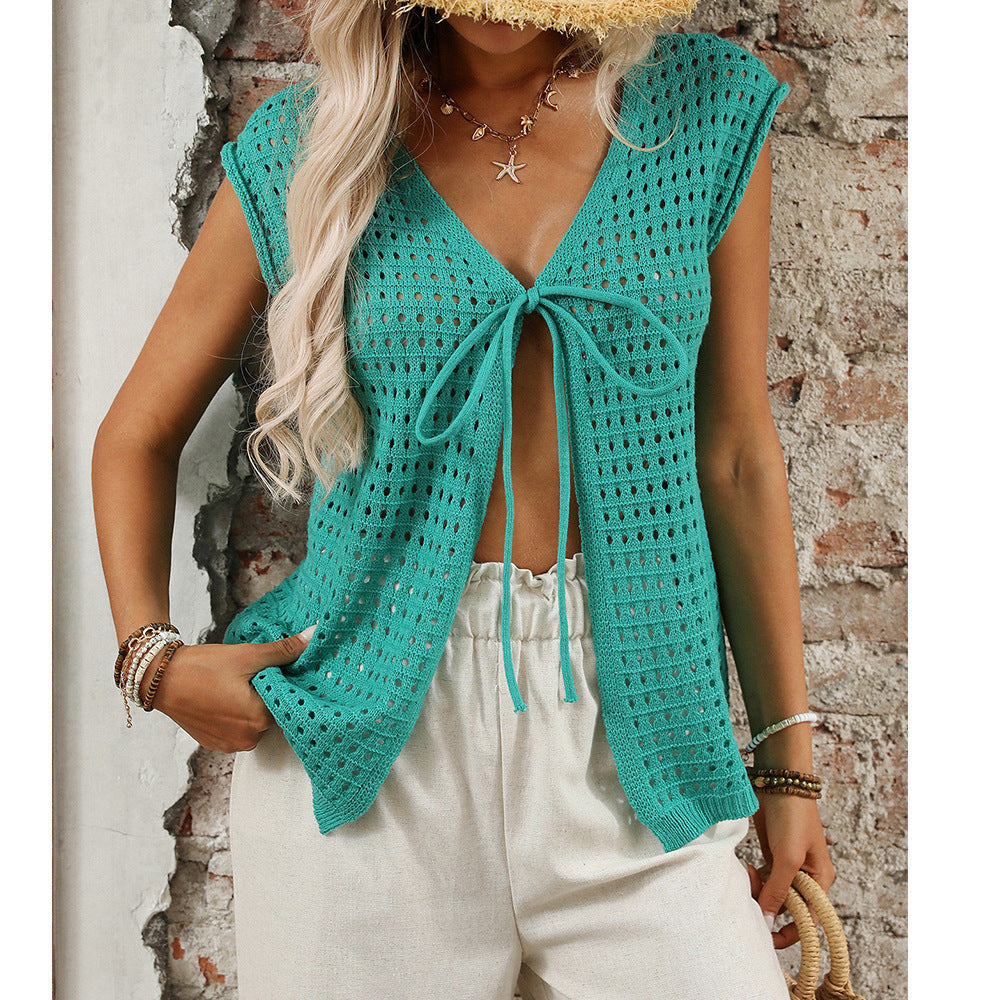 Women Clothing Hollow Out Cutout out Sweater Short Sleeved Knitted Cardigan Holiday Lace up Blouse