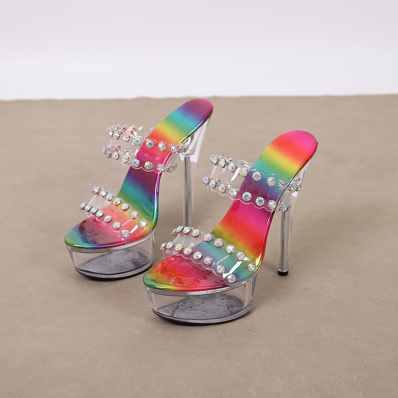 Women High Heel Platform Shoes Bar Model Runway Women Transparent Crystal High-Heeled Sandals Party Sandals