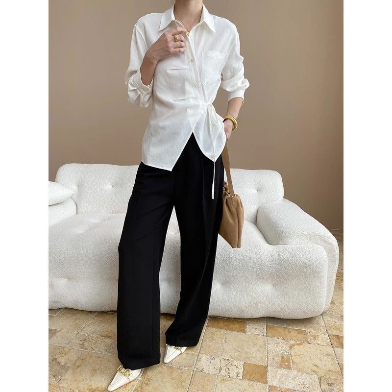 Intelligent Office Feeling Lysel Tencel Irregular Asymmetric Lace up Waist Controlled Slimming Long Sleeve Shirt