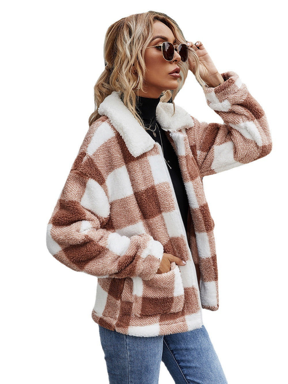 Autumn Winter Zipper Collared Plush Plaid Coat Loose Office Women Outerwear