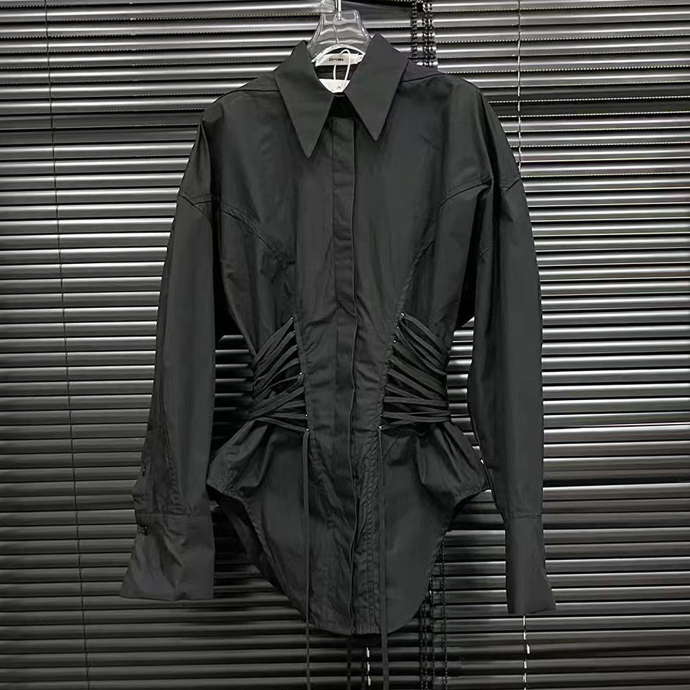 Spring Summer Tight Waist Thin Looking Cool Handsome Drawstring Shirt Shacket